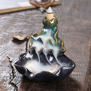 Lotus and Koi Fish Ceramic Backflow Incense Burner Smoke Fountain
