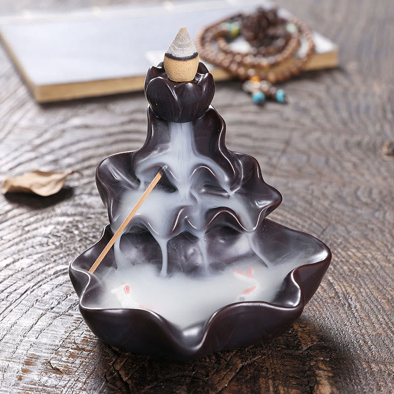 Lotus and Koi Fish Ceramic Backflow Incense Burner Smoke Fountain