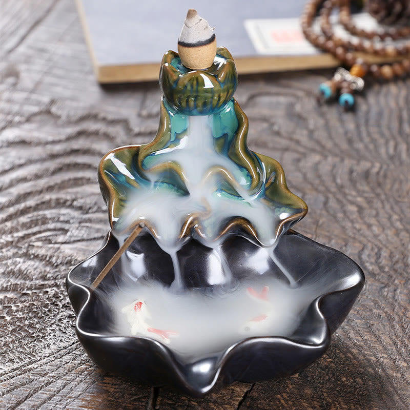Lotus and Koi Fish Ceramic Backflow Incense Burner Smoke Fountain