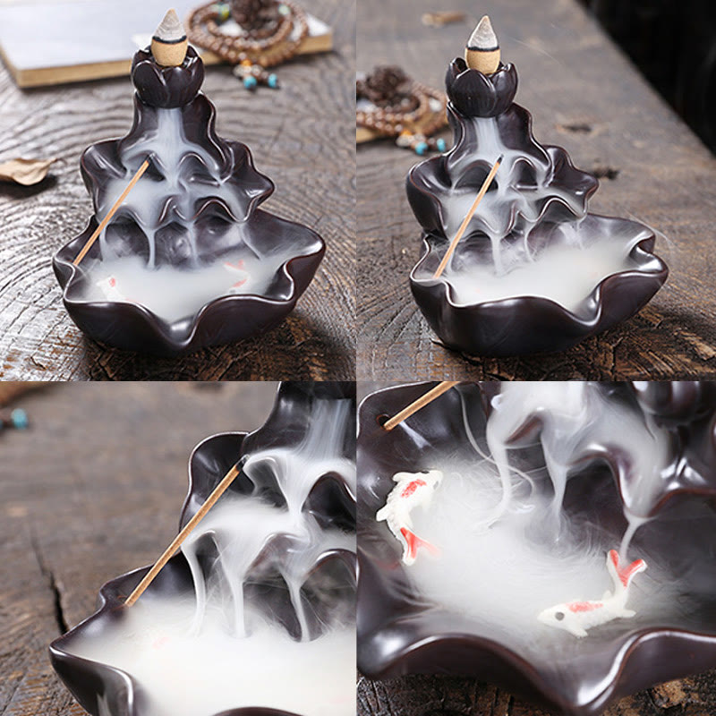 Lotus and Koi Fish Ceramic Backflow Incense Burner Smoke Fountain