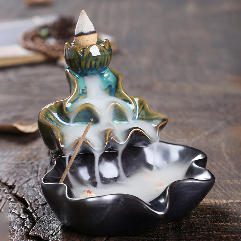 Lotus and Koi Fish Ceramic Backflow Incense Burner Smoke Fountain