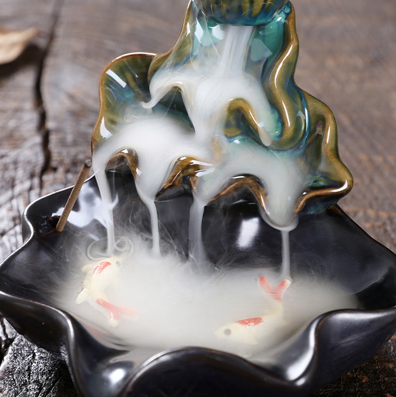 Lotus and Koi Fish Ceramic Backflow Incense Burner Smoke Fountain