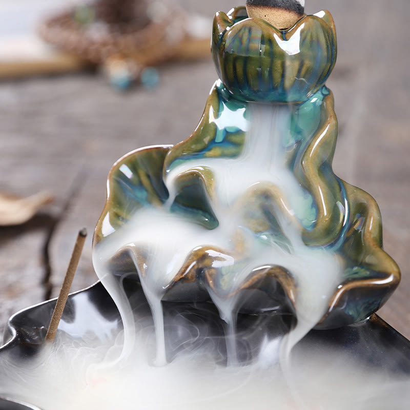 Lotus and Koi Fish Ceramic Backflow Incense Burner Smoke Fountain