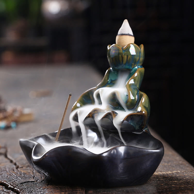 Lotus and Koi Fish Ceramic Backflow Incense Burner Smoke Fountain