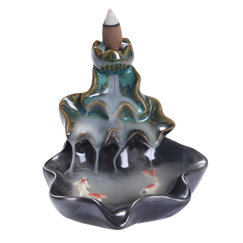 Lotus and Koi Fish Ceramic Backflow Incense Burner Smoke Fountain