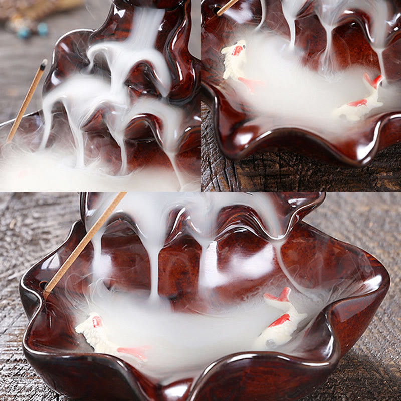 Lotus and Koi Fish Ceramic Backflow Incense Burner Smoke Fountain