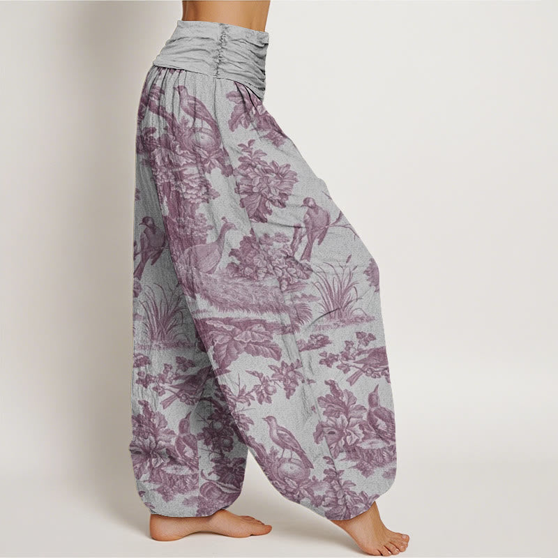 Cotton Birds Trees Branches Pattern Women's Elastic Waist Harem Pants