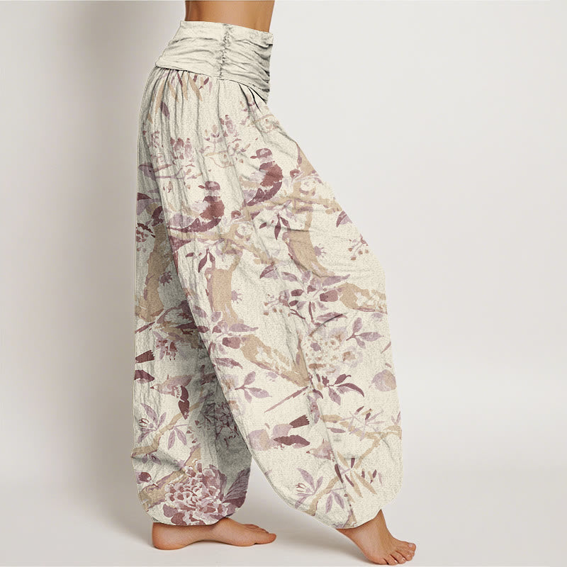 Cotton Birds Branches Flowers Pattern Women's Elastic Waist Harem Pants