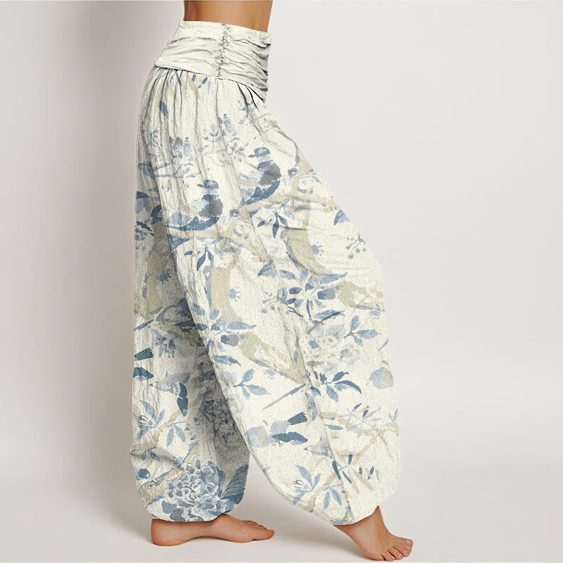 Cotton Birds Branches Flowers Pattern Women's Elastic Waist Harem Pants