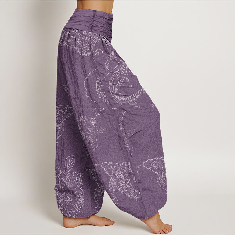 Cotton Koi Fish Floral Pattern Women's Elastic Waist Harem Pants