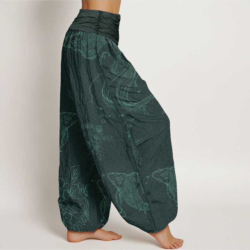 Cotton Koi Fish Floral Pattern Women's Elastic Waist Harem Pants
