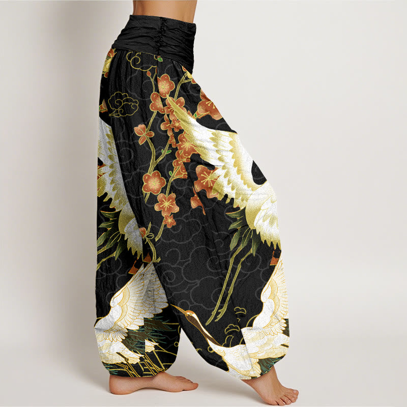 Cotton Cranes Flowers Auspicious Clouds pattern Women's Elastic Waist Harem Pants