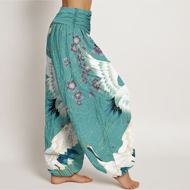 Cotton Cranes Flowers Auspicious Clouds pattern Women's Elastic Waist Harem Pants