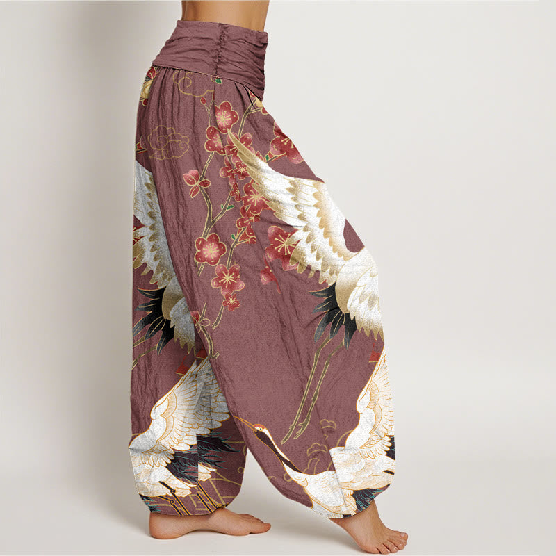 Cotton Cranes Flowers Auspicious Clouds pattern Women's Elastic Waist Harem Pants