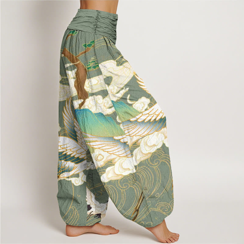 Breathable Cotton Crane Print Grounding Harem Pants