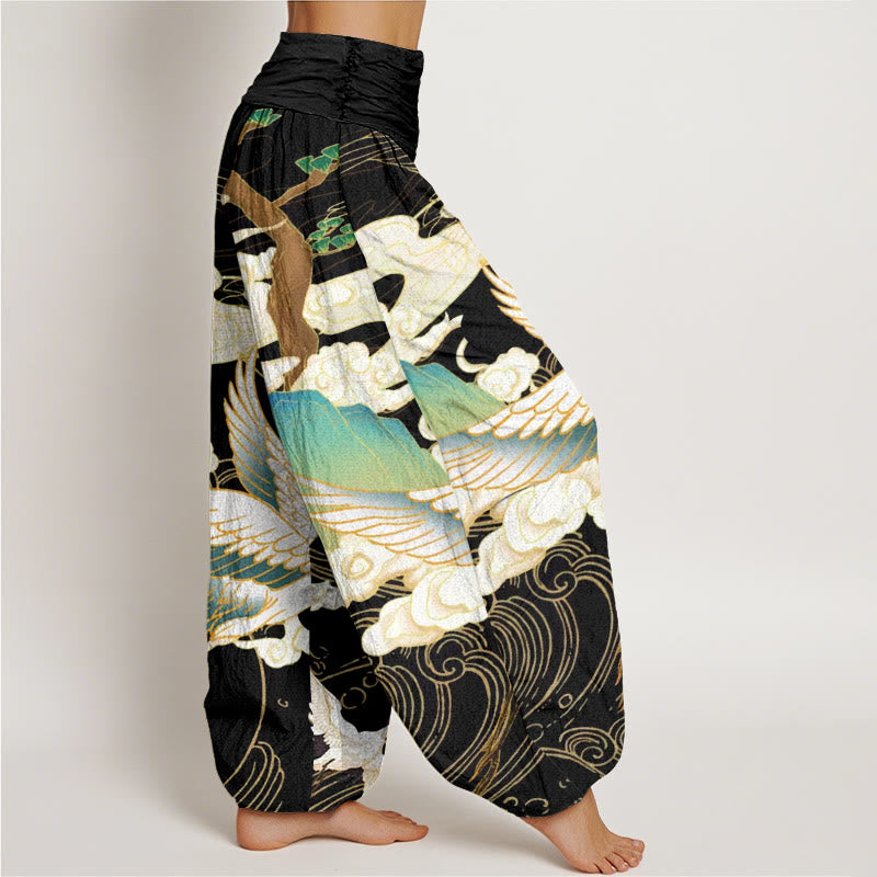 Breathable Cotton Crane Print Grounding Harem Pants