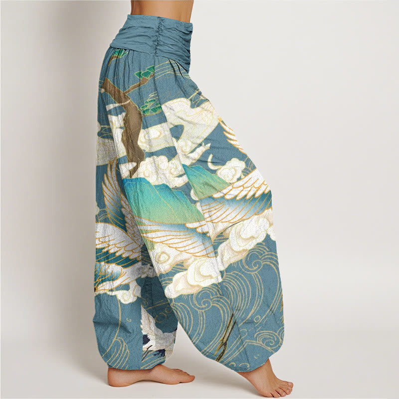 Breathable Cotton Crane Print Grounding Harem Pants