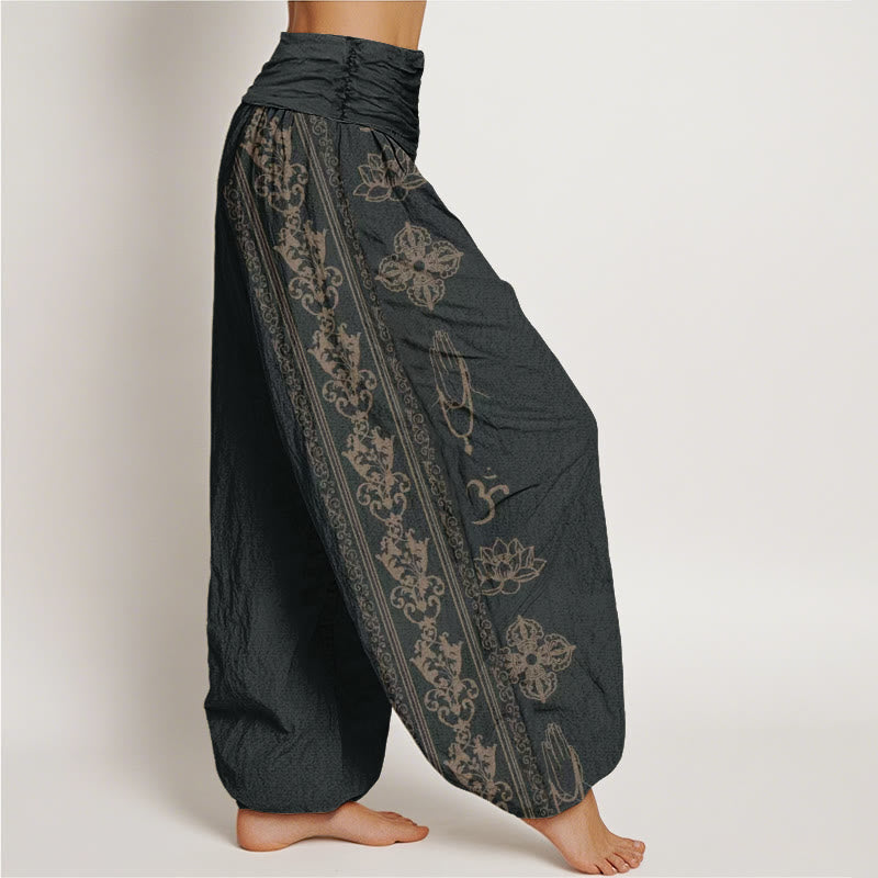 Cotton Lotus Flowers Double Dorje Vajra Namaste Om Design Women's Elastic Waist Harem Pants