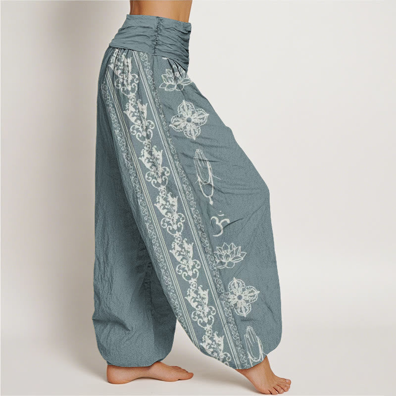 Cotton Lotus Flowers Double Dorje Vajra Namaste Om Design Women's Elastic Waist Harem Pants