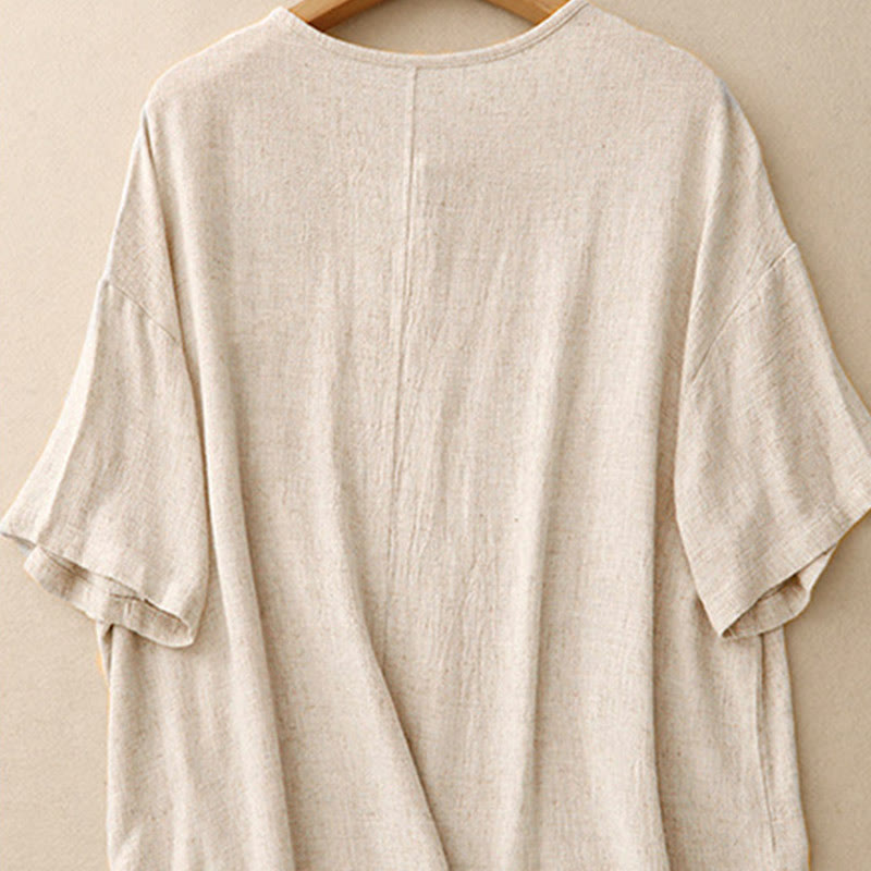Colorblock Side Slit Frog-Button Cotton Linen Half Sleeve Women's Shirt With Pockets
