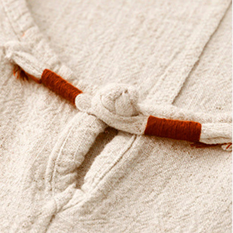 Colorblock Side Slit Frog-Button Cotton Linen Half Sleeve Women's Shirt With Pockets