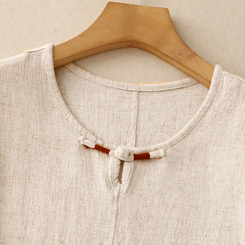 Colorblock Side Slit Frog-Button Cotton Linen Half Sleeve Women's Shirt With Pockets