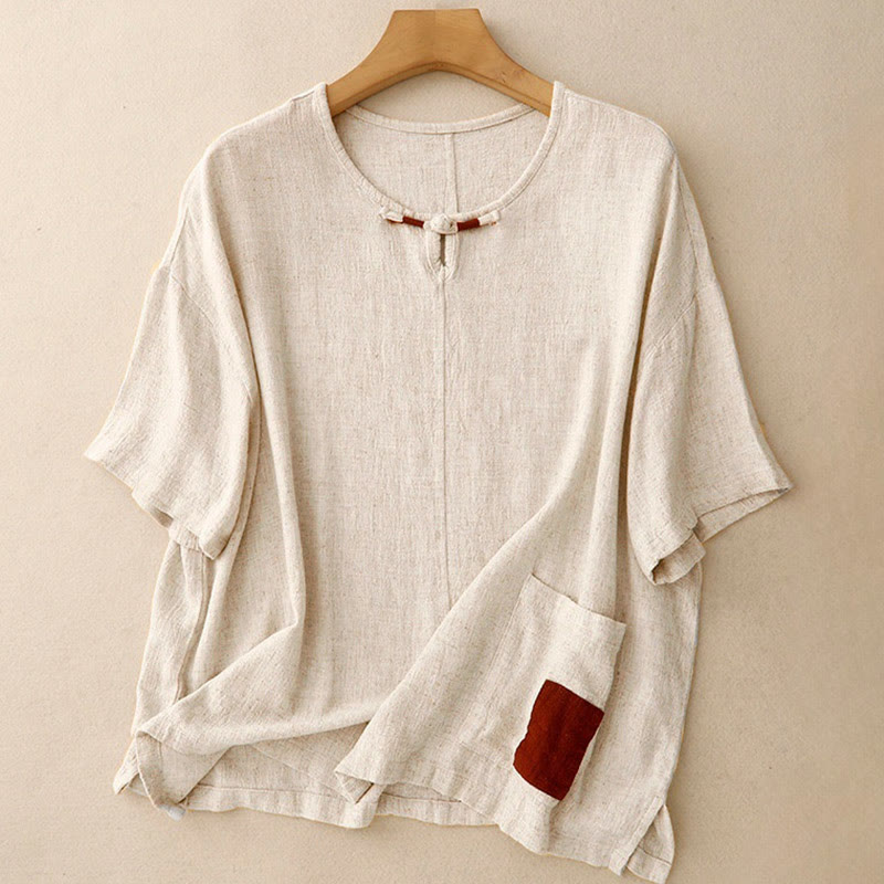 Colorblock Side Slit Frog-Button Cotton Linen Half Sleeve Women's Shirt With Pockets