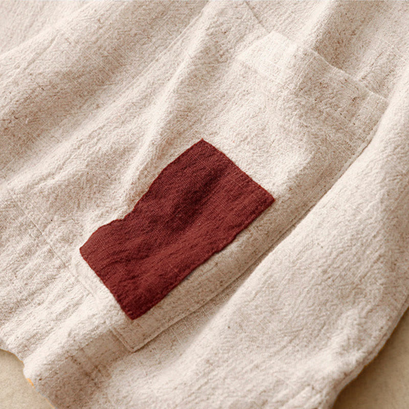Colorblock Side Slit Frog-Button Cotton Linen Half Sleeve Women's Shirt With Pockets