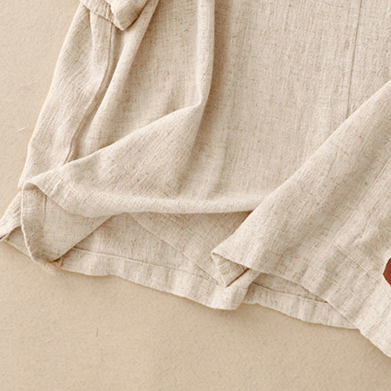 Colorblock Side Slit Frog-Button Cotton Linen Half Sleeve Women's Shirt With Pockets