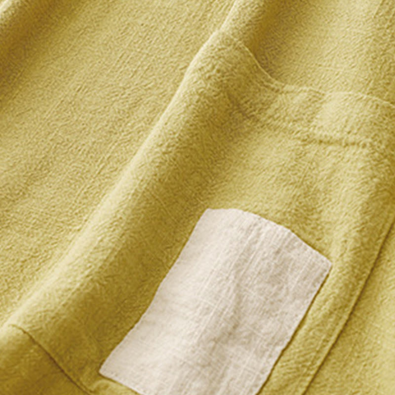 Colorblock Side Slit Frog-Button Cotton Linen Half Sleeve Women's Shirt With Pockets
