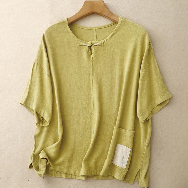 Colorblock Side Slit Frog-Button Cotton Linen Half Sleeve Women's Shirt With Pockets