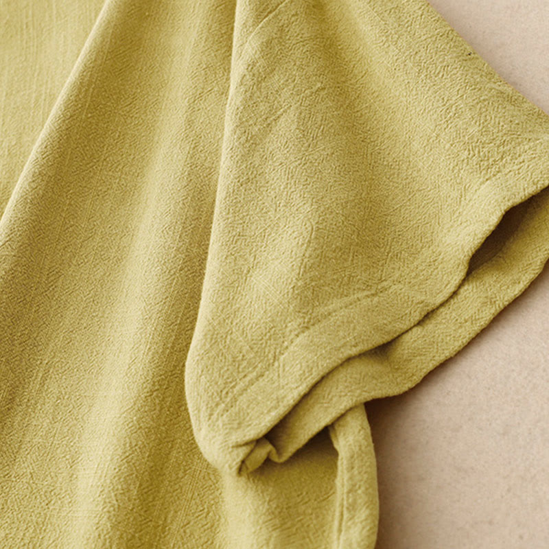 Colorblock Side Slit Frog-Button Cotton Linen Half Sleeve Women's Shirt With Pockets
