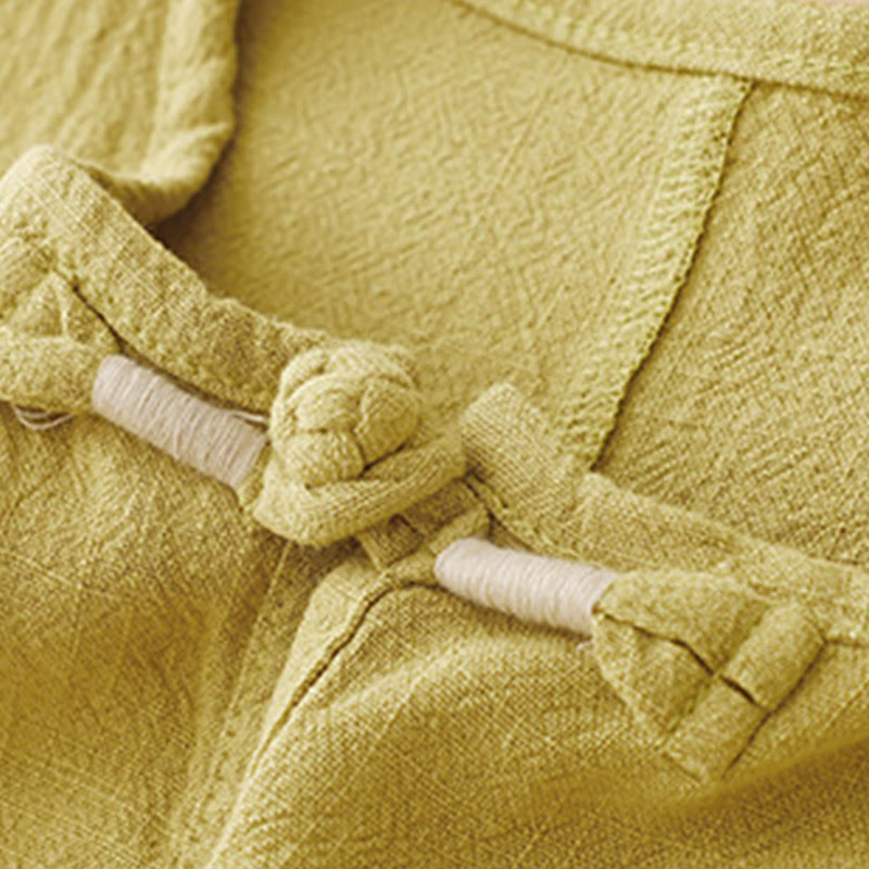 Colorblock Side Slit Frog-Button Cotton Linen Half Sleeve Women's Shirt With Pockets