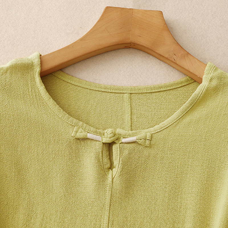 Colorblock Side Slit Frog-Button Cotton Linen Half Sleeve Women's Shirt With Pockets