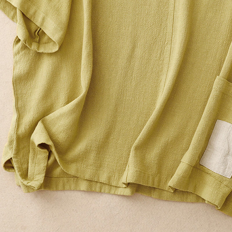 Colorblock Side Slit Frog-Button Cotton Linen Half Sleeve Women's Shirt With Pockets