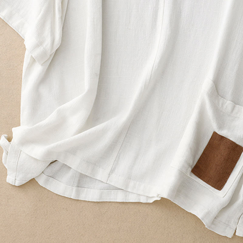 Colorblock Side Slit Frog-Button Cotton Linen Half Sleeve Women's Shirt With Pockets