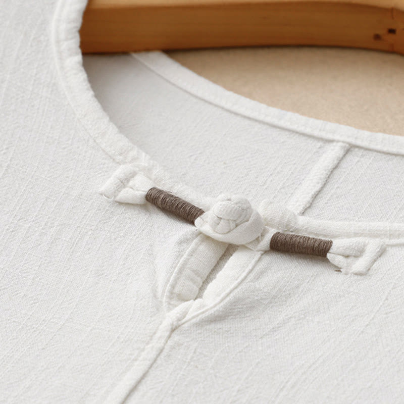 Colorblock Side Slit Frog-Button Cotton Linen Half Sleeve Women's Shirt With Pockets