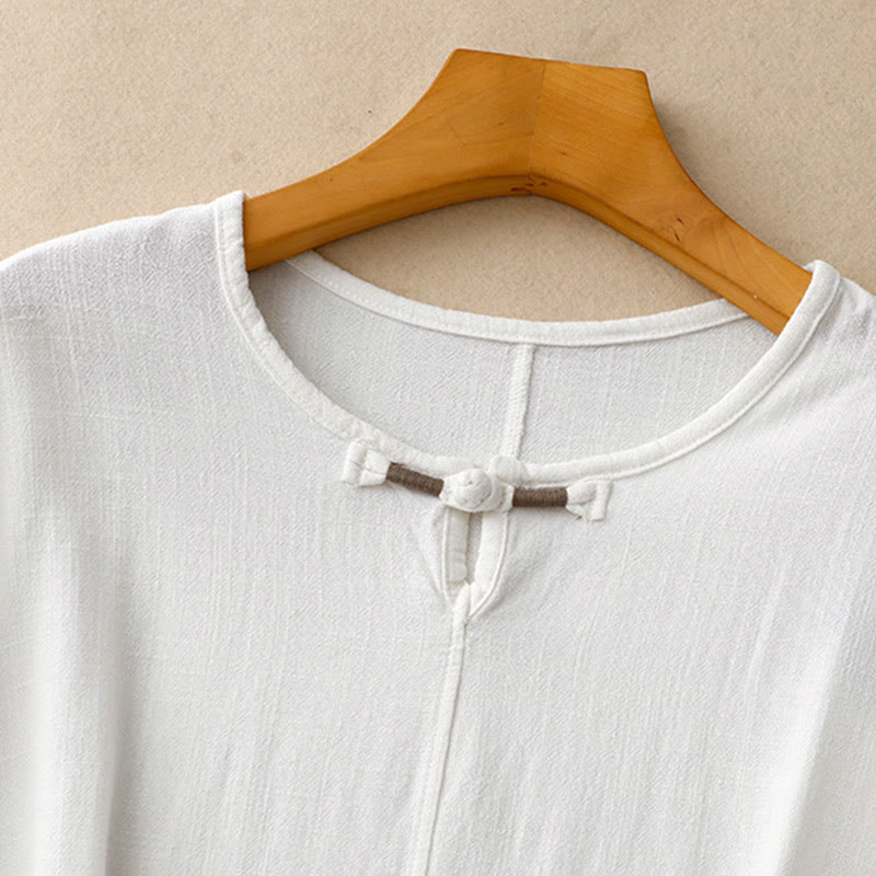 Colorblock Side Slit Frog-Button Cotton Linen Half Sleeve Women's Shirt With Pockets