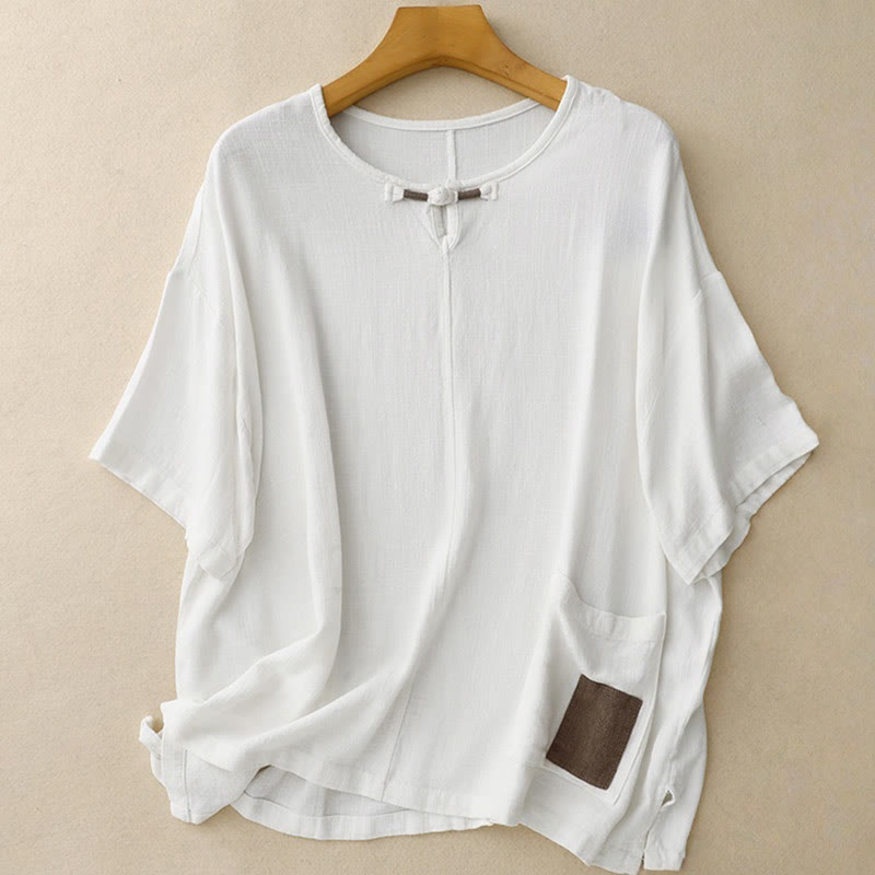 Colorblock Side Slit Frog-Button Cotton Linen Half Sleeve Women's Shirt With Pockets