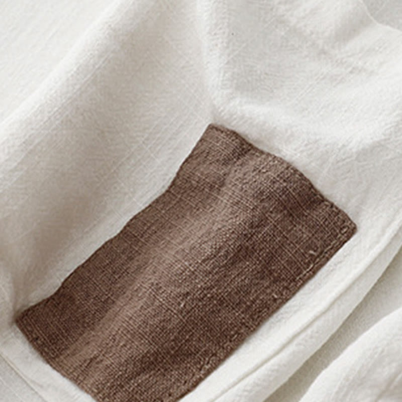 Colorblock Side Slit Frog-Button Cotton Linen Half Sleeve Women's Shirt With Pockets