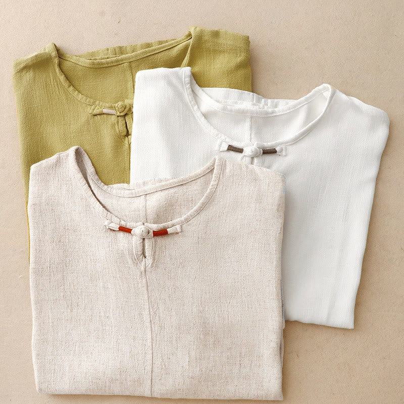 Colorblock Side Slit Frog-Button Cotton Linen Half Sleeve Women's Shirt With Pockets
