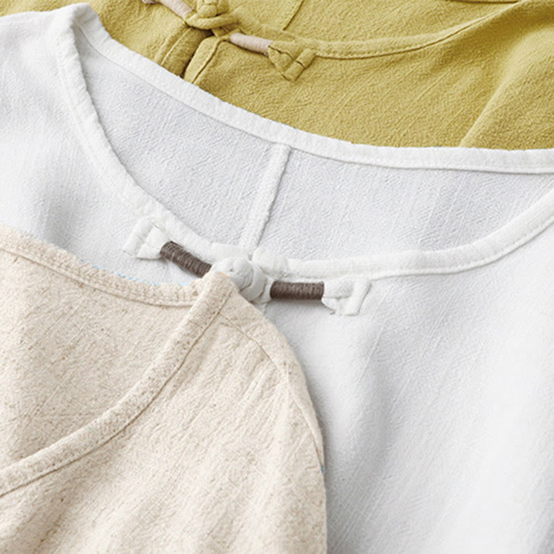 Colorblock Side Slit Frog-Button Cotton Linen Half Sleeve Women's Shirt With Pockets