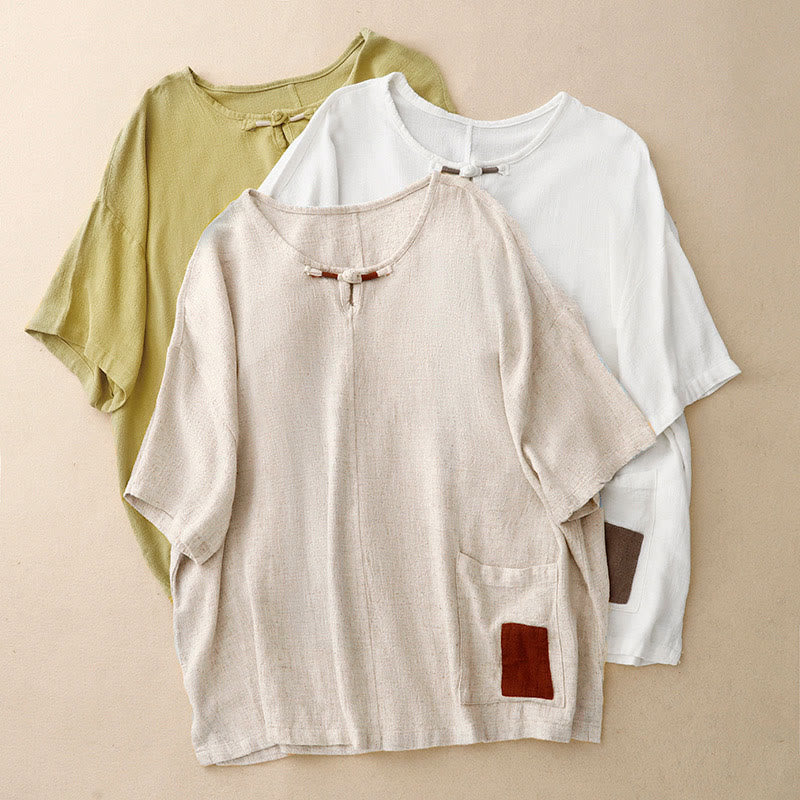 Colorblock Side Slit Frog-Button Cotton Linen Half Sleeve Women's Shirt With Pockets