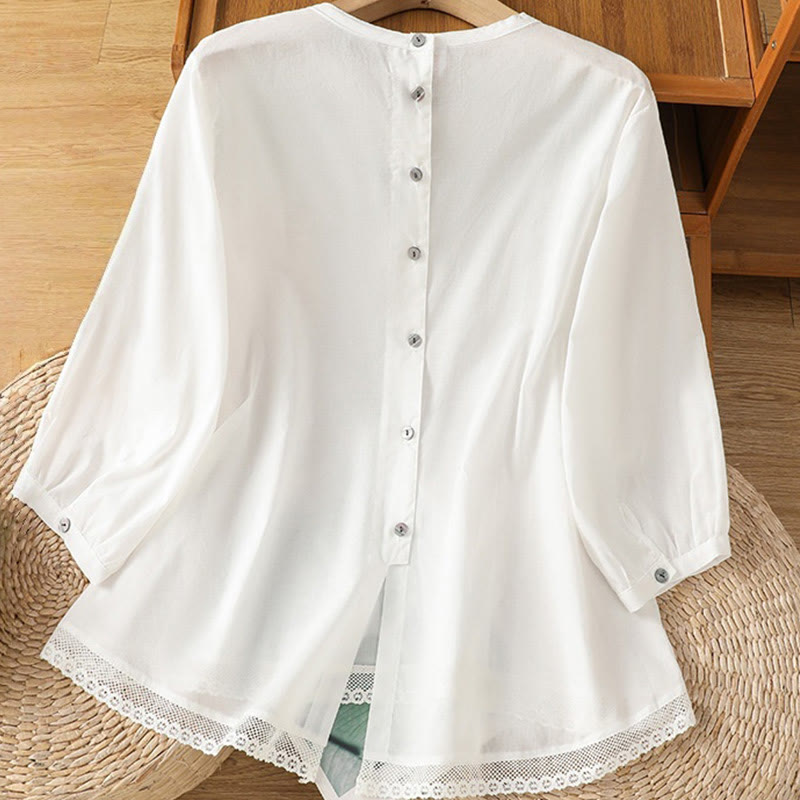Breathable Cotton Linen Lace Hem Meditation Shirt