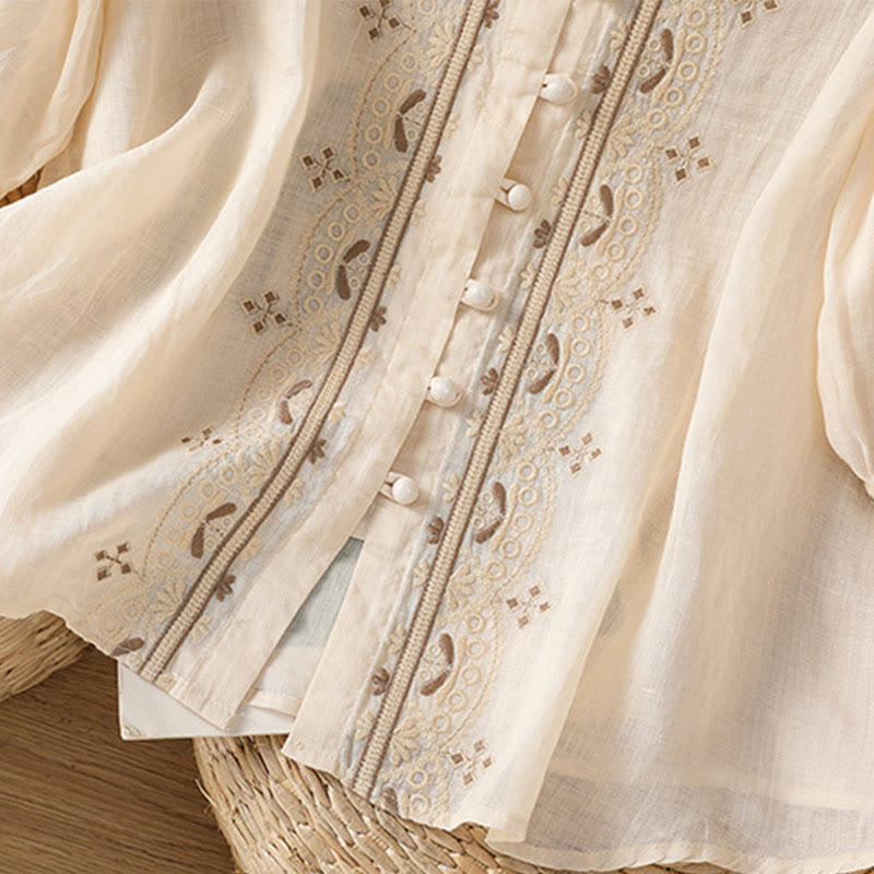 Casual Embroidery Frog-Button Polyester Half Sleeve Women's V-neck Shirt