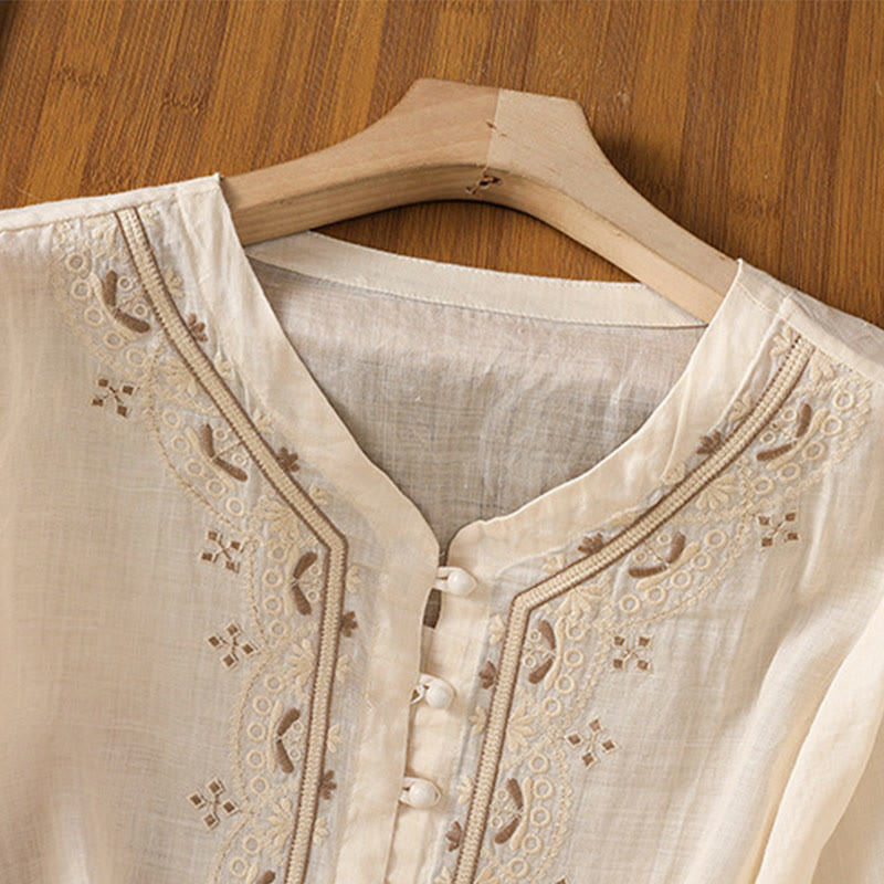 Casual Embroidery Frog-Button Polyester Half Sleeve Women's V-neck Shirt