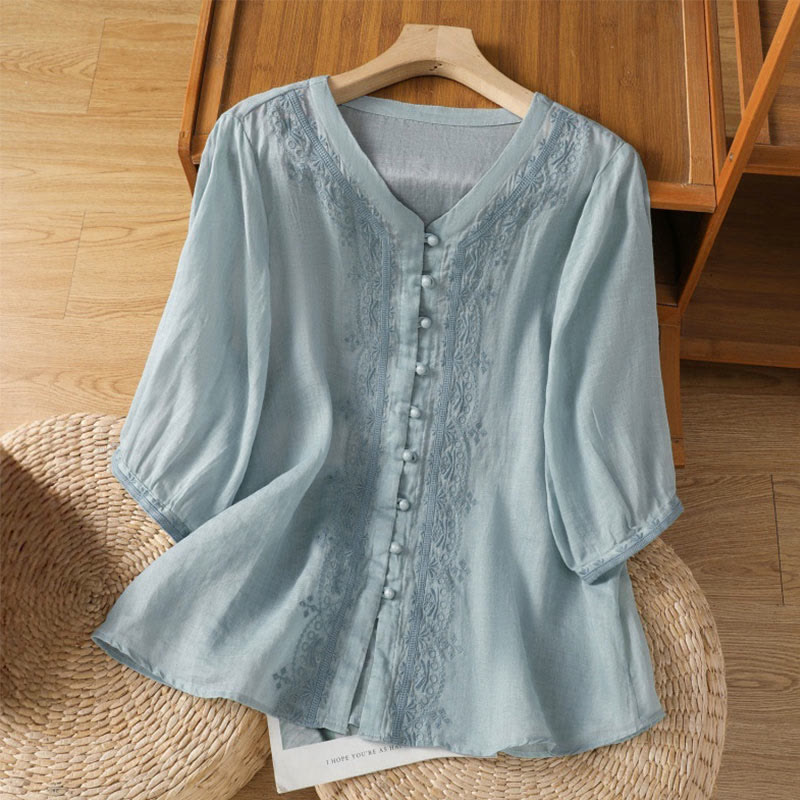 Casual Embroidery Frog-Button Polyester Half Sleeve Women's V-neck Shirt