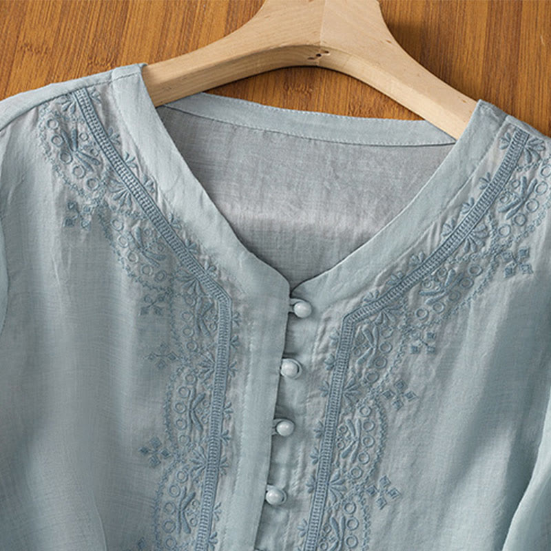 Casual Embroidery Frog-Button Polyester Half Sleeve Women's V-neck Shirt