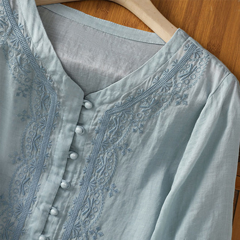 Casual Embroidery Frog-Button Polyester Half Sleeve Women's V-neck Shirt