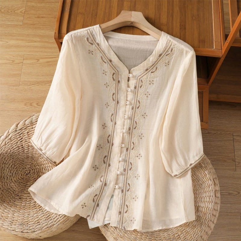 Casual Embroidery Frog-Button Polyester Half Sleeve Women's V-neck Shirt